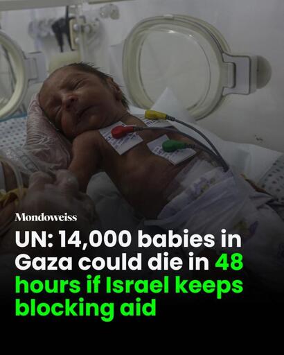 UN: 14000 babies in Gaza could die in 48 hours if Israel keeps blocking aid. 